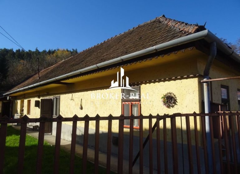 A family house in Telkibanya with a sloped roof, fenced, on the edge of a forest.