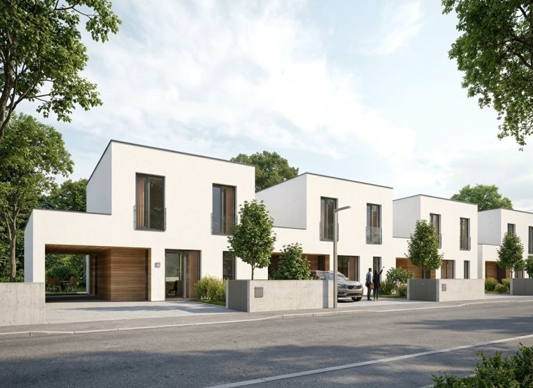 Row houses in Skalica, residential plots. Modern architecture, green trees line the street.