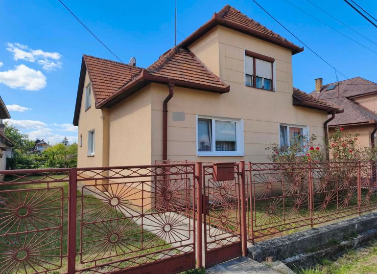 A family house in Oslany with a sloped roof and a decorative metal fence.