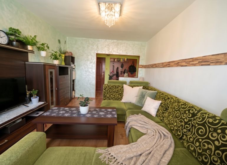 Living room of a three-room apartment with a wooden decor floor, a green sofa, and a table.