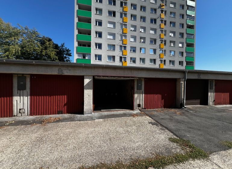 Garages on Hanulova Street in Bratislava - Dúbravka near the high-rise building.