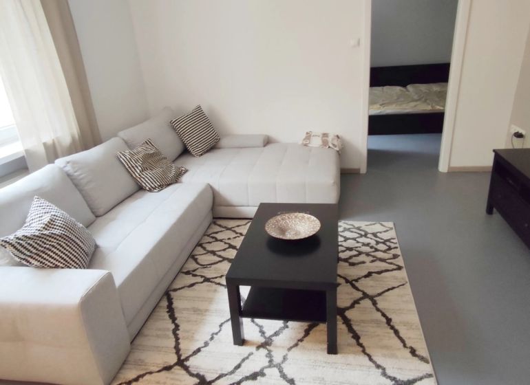 Living room in a two-room apartment with a sofa and a television on a dark table.