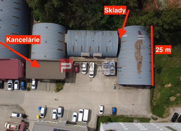 The image shows offices and warehouses on Elektrárenská, Bratislava III from a bird's eye view.