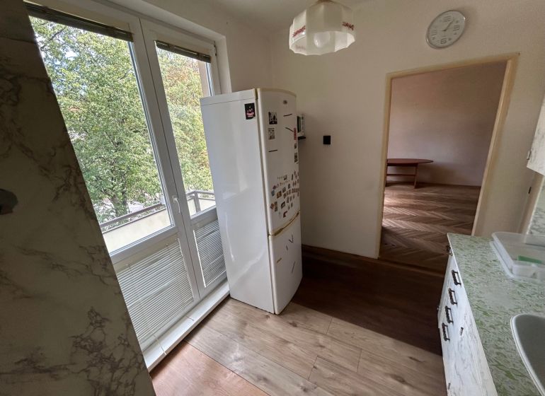 A kitchen with a wooden decor floor in a 3-room apartment, view of the trees.