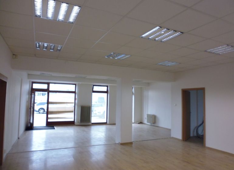 Commercial spaces with large windows and wooden decor flooring.