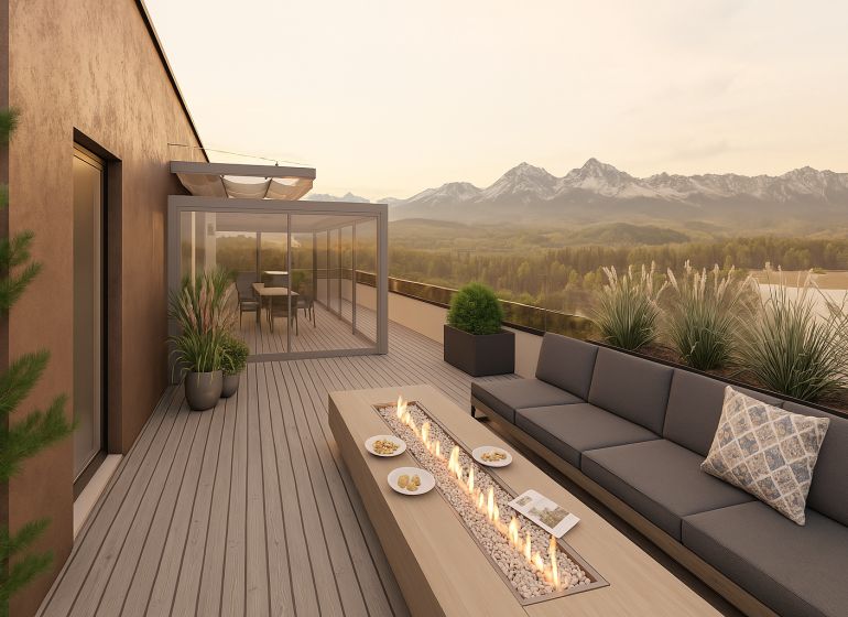 Outdoor terrace of a 4-room apartment on Suchoňova Street in Poprad with a view of the mountains.