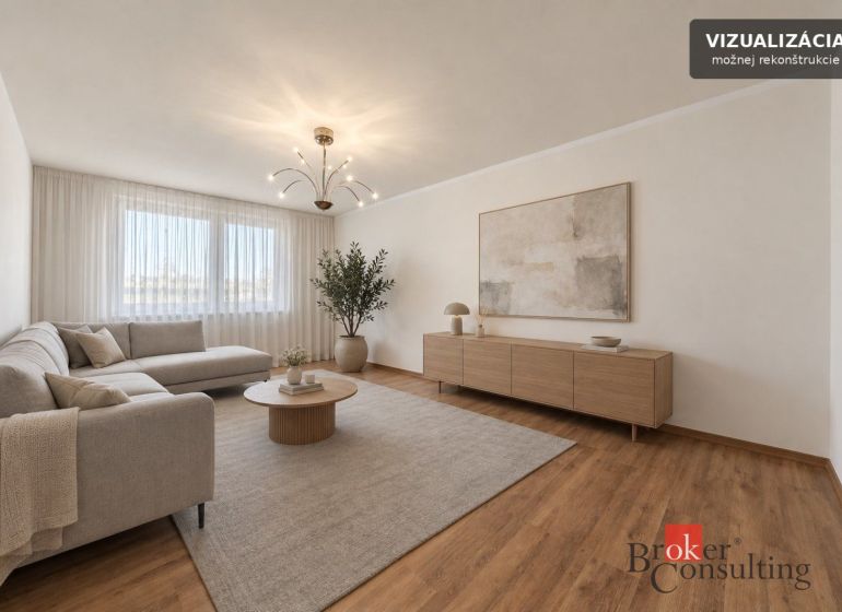 Living room in a 3-room apartment with a wooden decor floor, beige sofa, simple decorations.