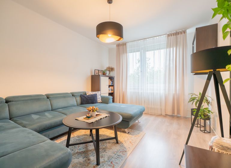 Living room in a 3-room apartment with a sofa, coffee table, and floor with a wooden decor.