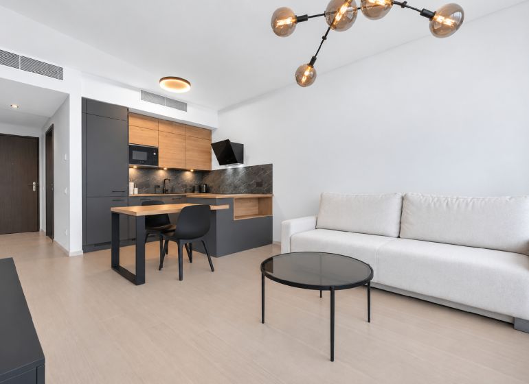 Living room with a kitchenette, wooden decor flooring, and a white sofa in a two-room apartment.
