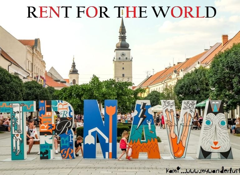 In Trnava, there are colorful signs and historical buildings, ideal for a 2-room apartment.