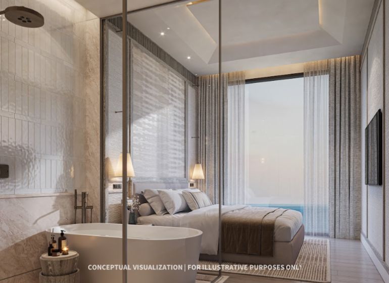 A bedroom with a glass wall, a bathtub, and a wooden decor floor in a 3-room apartment.