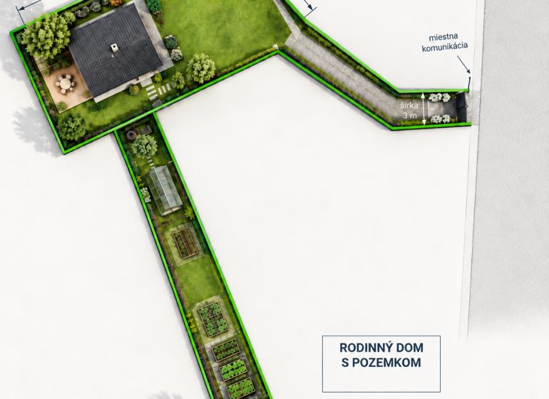 Floor plan of a family house with a garden and courtyards in Staškov. Plot designated for residential use.