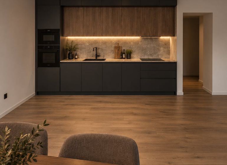 A stylish kitchen with black cabinets, wood-patterned flooring, and lighting in a 3-room apartment.