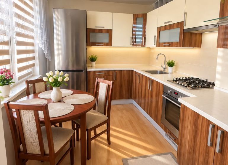 A kitchen in a 3-room apartment with furnishings and flooring in a wood decor.