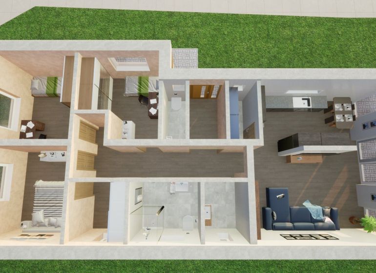 Floor plan of a family house with a living room, kitchen, and two bedrooms, flooring with a wooden decor.