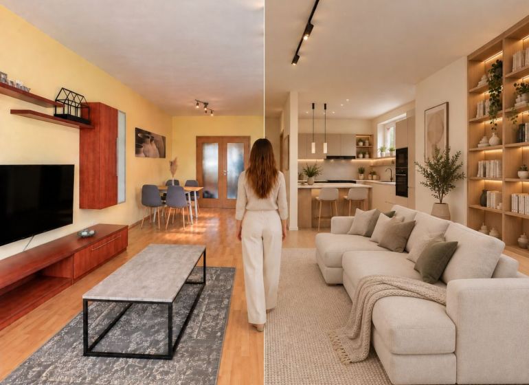 Living room in a three-room apartment with a wooden decor floor and modern interior.