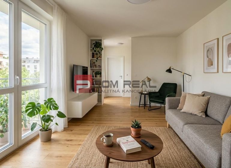 Living room with a sofa, coffee table, wood-patterned floor, and a large window.