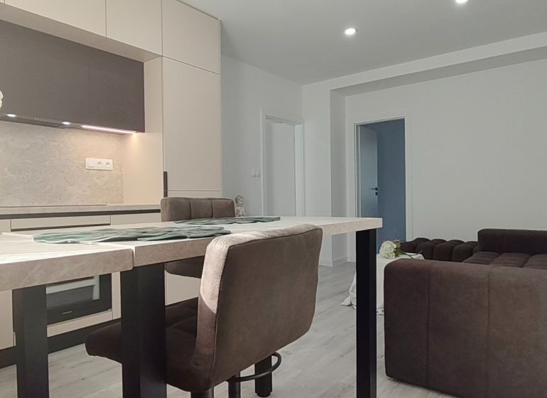 Kitchen and living room with a sofa in a three-room apartment, floor with wooden decor.