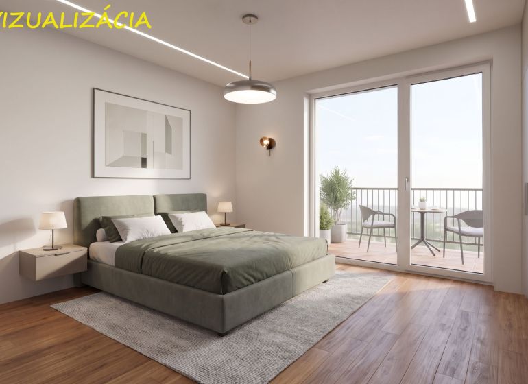 Bedroom in a 2-room apartment, wooden decor flooring, balcony with a view.