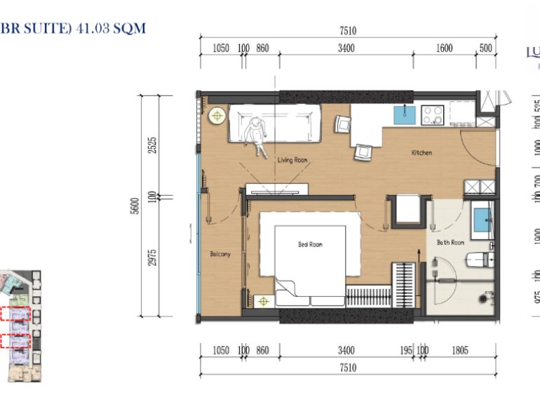 Floor plan of a 2-room apartment with wood-patterned flooring and a balcony.