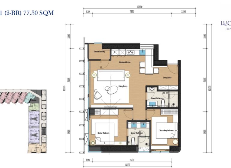 Floor plan of a 3-bedroom apartment with wood-patterned flooring and two bedrooms in Pattaya.