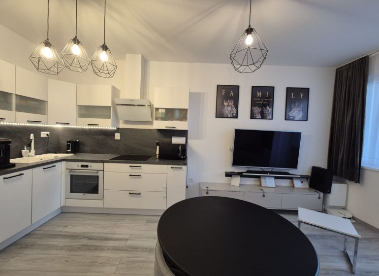 Living room with kitchen, furnished, wooden decor flooring, in a 3-room apartment.