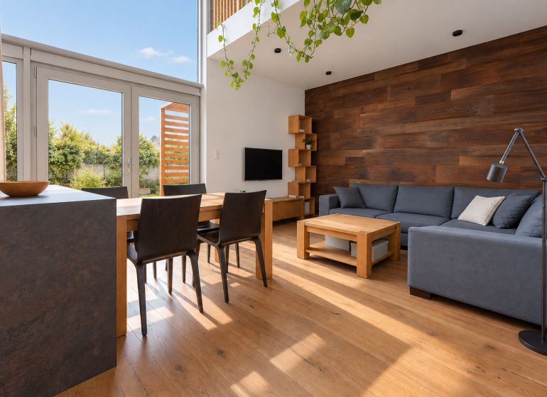 Interior of a 4-room apartment with wood-patterned flooring, a comfortable couch, and a dining table.