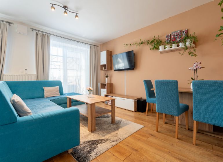 A bright living room in a 3-room apartment with a blue sofa, wooden decor, and a TV on the wall.
