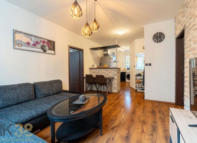 Living room in a 3-room apartment with a wooden decor floor, a sofa, and a kitchenette.