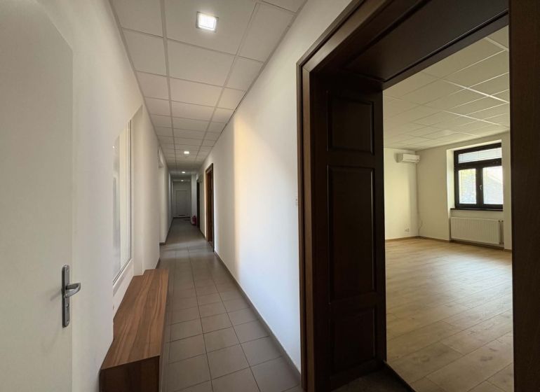 Office interior with wood-patterned flooring and a hallway.