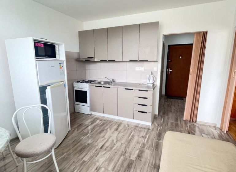 A kitchenette in a studio apartment with a wood-patterned floor, kitchen cabinets, and appliances.