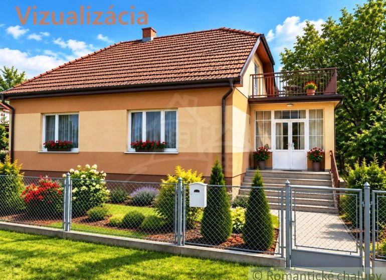A family house in Sečianky with a garden, a balcony, and floral decorations at the entrance.