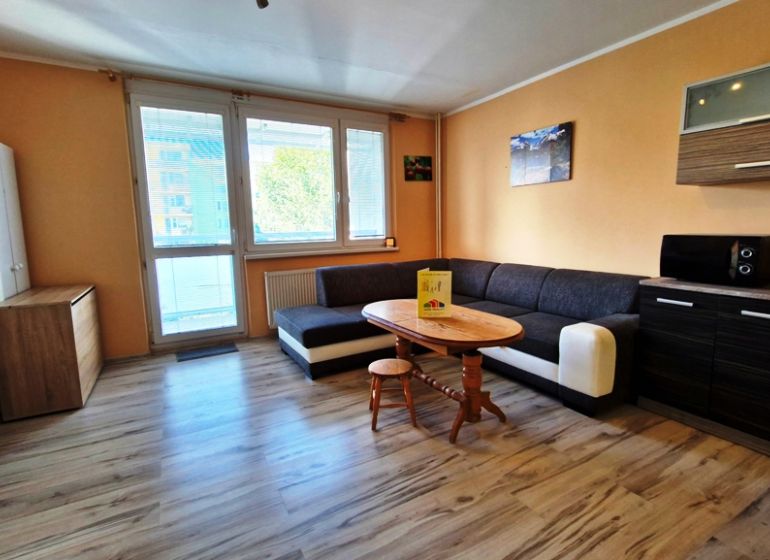 Studio apartment with a spacious sofa, wooden decor flooring, light walls, furniture.