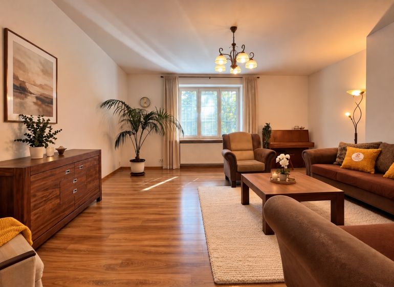 Living room in a two-room apartment with a wooden decor floor and comfortable seating.