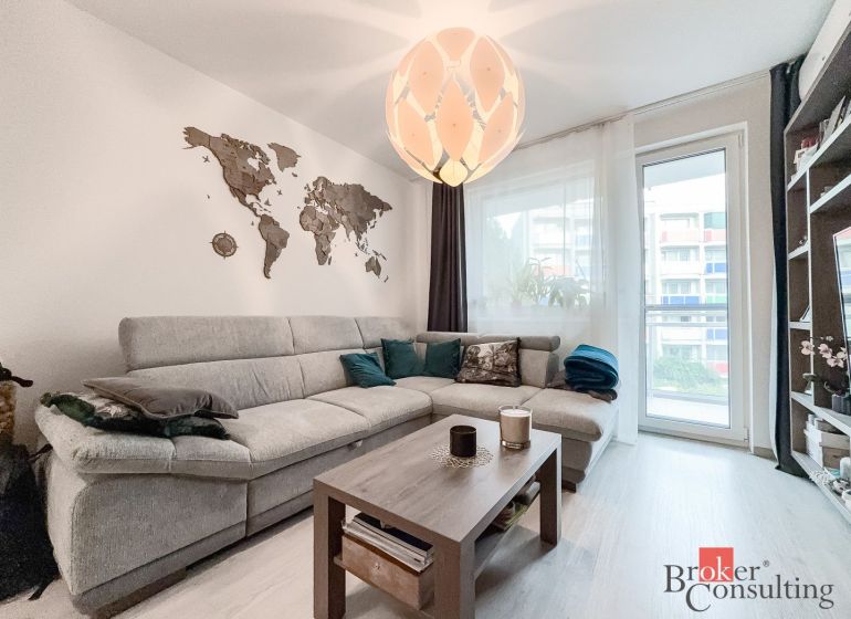 Living room with a gray sofa, map decoration, and wooden decor flooring in a 2-room apartment.