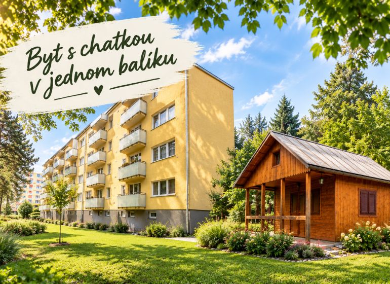 An apartment building with a cottage on Pred poľom, Trenčín surrounded by greenery.