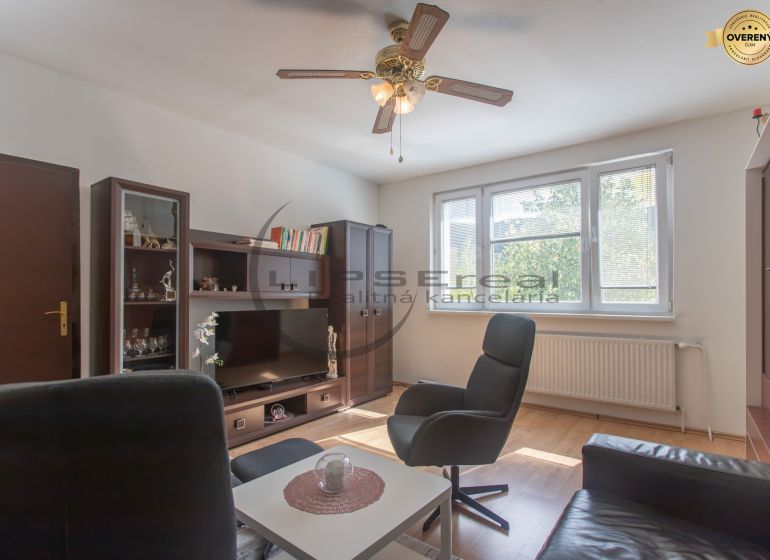 Living room in a three-room apartment with a wooden decor floor and a ceiling fan.