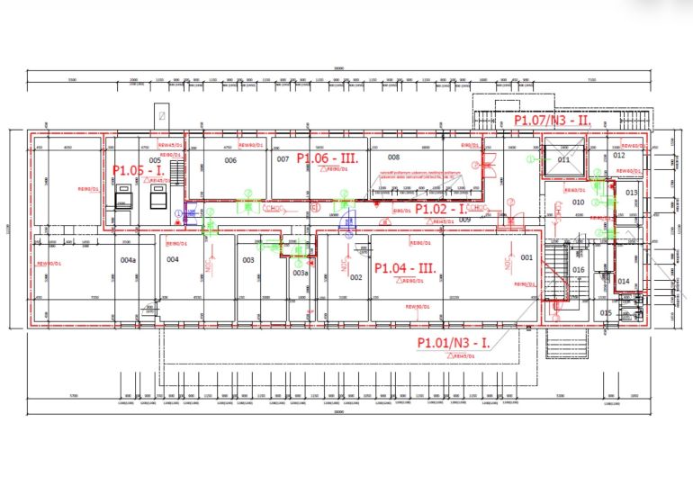 Floor plan of offices with details of various rooms and engineering networks.