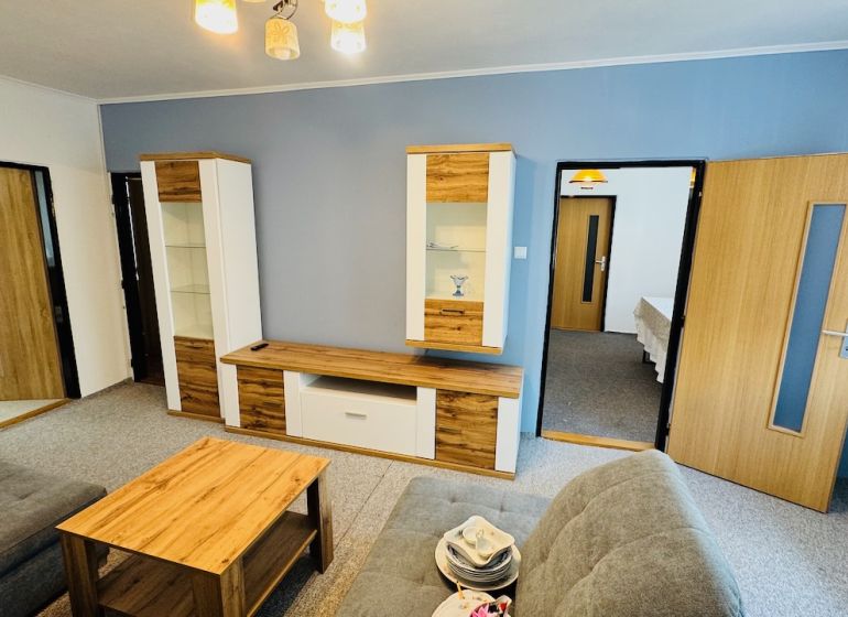 A living room in a three-room apartment with gray walls and wooden decor furniture.