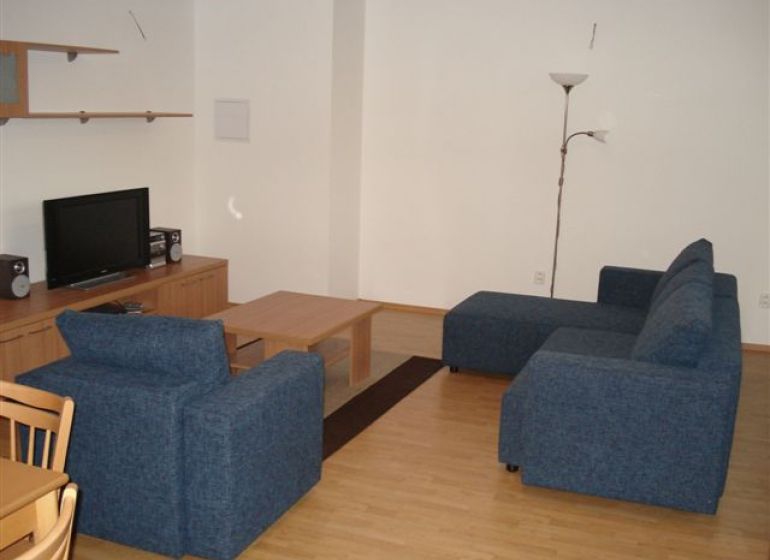 Living room in a 3-room apartment with a blue sofa and a wooden decor floor.