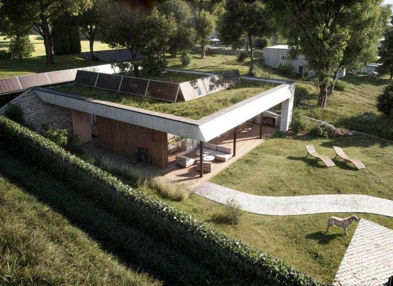 A family house in Častkovce with a terrace and a green roof, surrounded by nature.