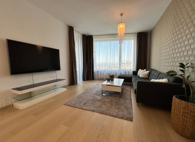 Living room in a two-room apartment with a wooden decor floor, large window, and television.