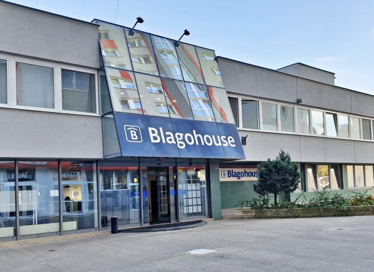 Commercial premises on Blagoevova Street in Bratislava-Petržalka with the sign Blagohouse.