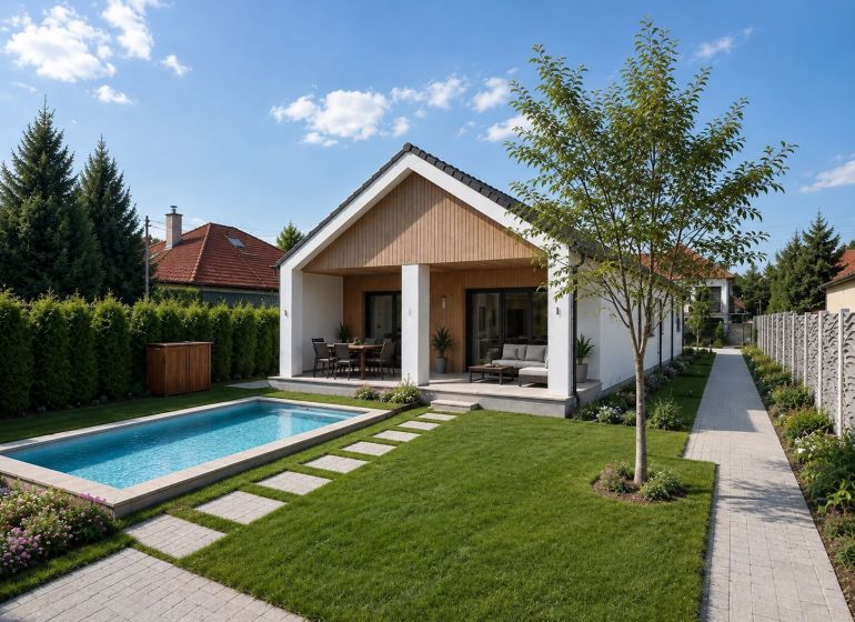 A garden at a family house with a swimming pool on a street in Veľká Mača under a blue sky.