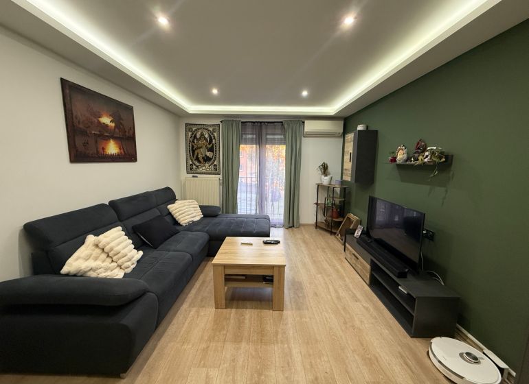 Living room in a two-room apartment with a wood-patterned floor and a sofa.