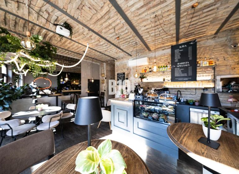 Stylish gastro spaces with brick vaults, greenery, and floors with a wooden decor.