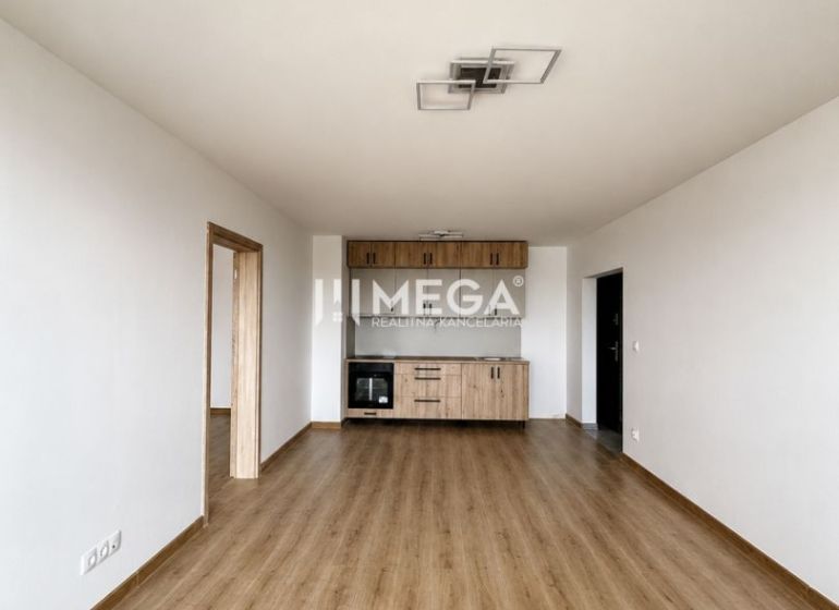 Living room in a 3-room apartment with a wooden decor floor and a kitchen unit.