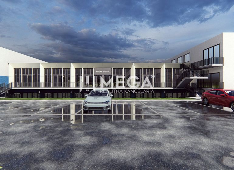 Commercial premises on Poľná Street in Humenné with a parking lot in front of the building.