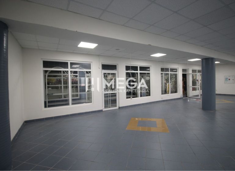 Commercial premises with glass doors and blue tiles, floor with decor.