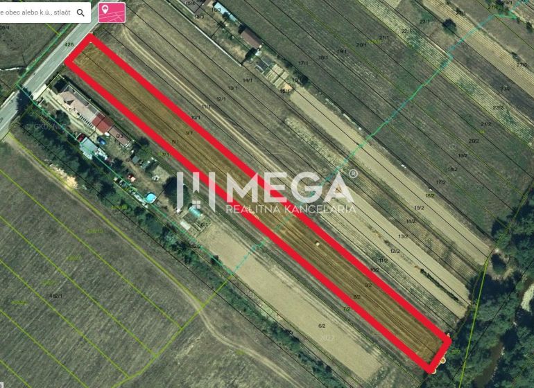 Aerial view of residential plots in Zubné, bordered by a red line.